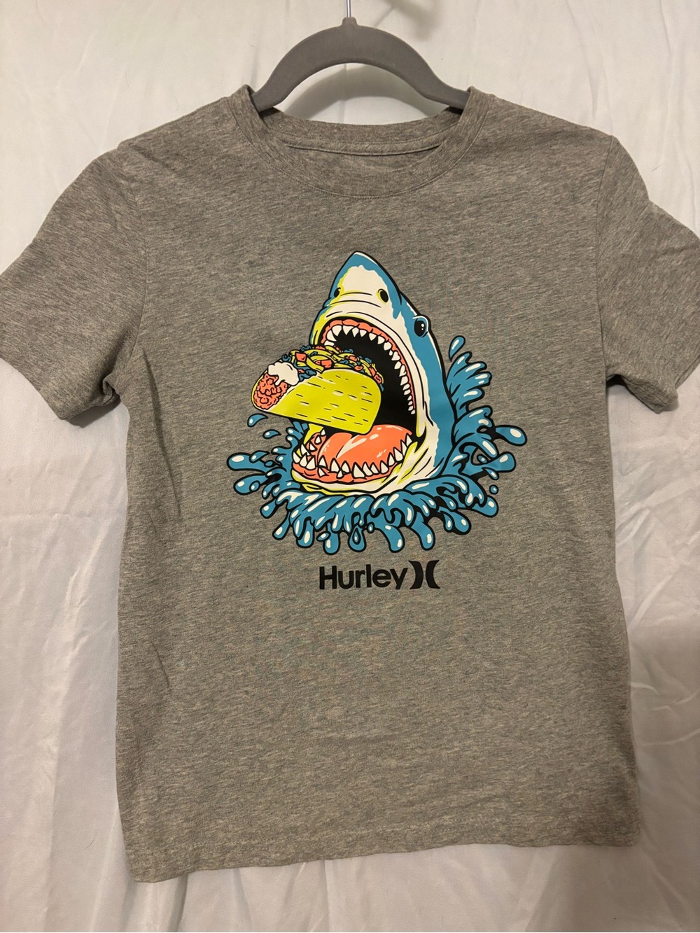 Hurley Boys’ T-Shirt Size Large (L) – Gray Shark Taco Graphic Tee